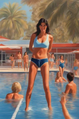 Fast Times at Ridgemont High - Photorealistic, hyperrealism, Dazzling, Complex, dramatic, bold, attractive Phoebe Cates, perfect, Athletic, toned body with tanned skin, perfectly formed body, at the swimming pool, extremely detailed