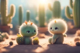 cacti garden, two cute fluffy chibi creatures, one kneeling and planting cacti, the other watching with arms folded in sunshine, ethereal, cinematic postprocessing, dof, bokeh