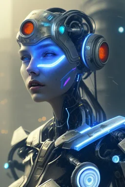 portrait,beautiful robot, post-apocalyptic in a cyberpunk city, realistic, intriacte detail, sci-fi fantasy style, volumetric lighting, particales,highly detailed,cinamatic, deep colours,8k, robot, red eyes, blue hair, light sword