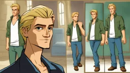 George is estimated to be 28 years of age (as of Broken Sword 4). His trademark appearance consists of blond hair, cut short in the back but left long in the front, as well as jeans with incredibly deep pockets and a blue-green jacket over a white t-shirt.