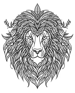 lion tattoo idea, line art, background, vector, svg, coloring book page style, black outline on white background, leave plenty of white space beetween lines for coloring, minimalist