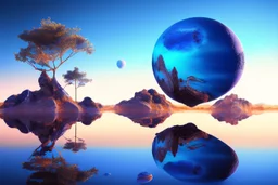 blue exoplanet in the sky, water reflection, rocks, vegetation, hd