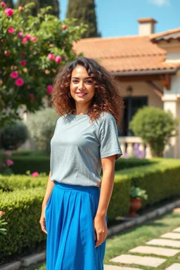 create a video of beautiful lady curvy hair standing in a pretty villa garden wearing blue skirt and gray blouse