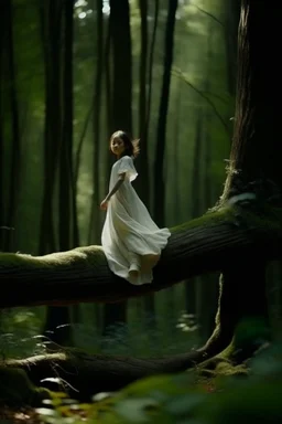 figure of a girl, dressed in a gauze nightgown, levitating on a trunk, in a very lush forest, cinematographic image, foreground,