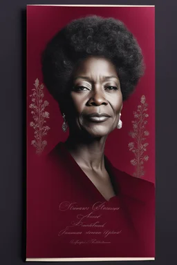 An extremely formal, funeral program written in French for a woman (include a front photograph of a beautiful lightly tanned elderly biracial black woman) on darkest red deeply pigmented velvet paper with brilliant, brightest heavy bright shining platinum calligraphy fonts, simple, minimalistic, less element, very dramatic lighting, brilliant colors,