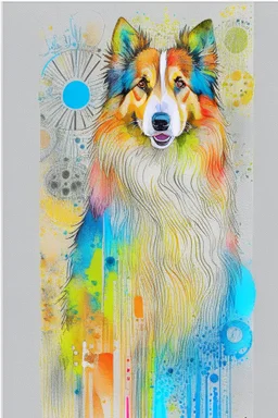 Abstract wet watercolour of a rough collie, ink lines, interlinked circles,detailed focus on eyes