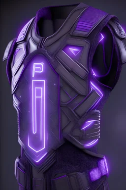 Very detailed, realistic, futuristic video game vest. Light in weight. Dark purple and black, with light purple lights. And a logo the letters P, L, A, Y, R, in that order. Make it look as authentic and as high res as possible.