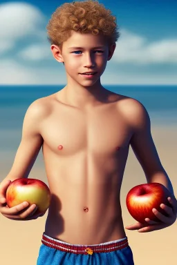 full body image of a beautiful 12 year old boy with shoulder long, blonde curly hair and light blue eyes, smiling, shirtless, holding a red apple in his hand, in front of an distant beach, photorealistic