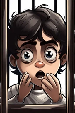 un nene morocho , con flequillo ondulado, detrás de unas rejas, agarrando las rejas con las dos manos, con ojos grandes con una mirada pidiendo súplica