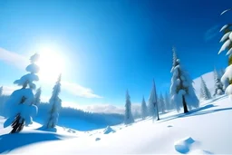 paysage de neige, fond de montagne blanche, ciel très bleu, sapins, lutins faisant de la luge, beau soleil brillant, petite fée ailes transparentes, haute définition à contraste élevé 8 k moteur irréel pixel 512x312