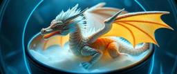 The image depicts a fantastical duck snow soup, specifically a dragon with neon flash aura, with a unique and whimsical appearance. The dragon is positioned in a circular frame, which suggests it might be inside a container or a vessel. The dragon's body is elongated and has a segmented appearance, with a detailed texture that gives it a realistic look. Its head is covered with white, spiky hair, adding to its fantastical charm. The dragon's wings are large and spread out