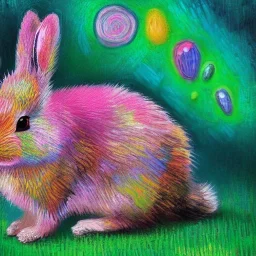 cute multicolored crystal bunny, ultra realistic, background of flowers, volumetric lighting, fantasy, highly detailed, lighted background in style of vincent van gogh