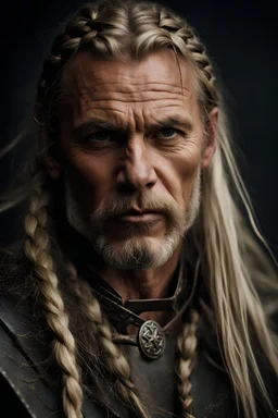 portrait of a 50-year-old viking ,blonde beard with grey highlight and long blond hair with Two small braids. Rugged face with a scar on his cheek. dark fantasy