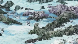 This area is a graveyard where creatures that have died from extreme cold. Each creature is encased in a thick coat of ice, preserving its remains.