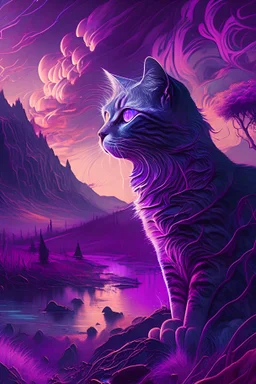majestic cat, psychedelic, violet tones, fantasy landscape