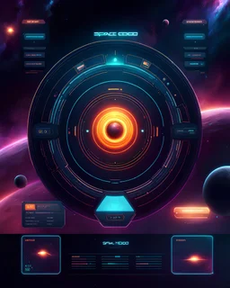Sci-Fi UI for a space video game with a side menu on the left, on a cosmic background, rich deep color, bold lines, technical, cinematic, accurate, perfect composition.