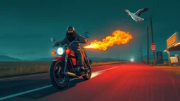 The kebab man driving fast on his holy motorcycle, fire from the exhaust, holy widescreen picture, holy empty road on the holy country at night, comic style, no helmet and he have a long holy black beard, neon kebab signs along the road, jesus stand at his market stand selling holy kebabs, simon stålenhag style, flying goose