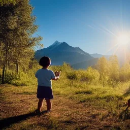 A child plays with a dog among the trees, the sun is shining, and the mountains are high.