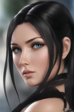 A professional photography of Nico robin a most pretty beautiful girl, black hair, ponytail,, gaunt face, blue eyes, big eyes, melancholy eyes, melancholy glance indifferent ignore, thin lips,natural make up,beautiful, pretty, melancholy girl, slim body, dress and vest, hyperrealistic, ultra realistic, octane render,HDR, ultra detailed, perfect body, perfect face,Canon EOS 5D mark IV, best quality photography, real photo, photography, hyperrealistic,