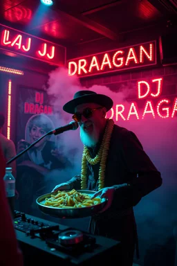 An "Balkan guy" performing at dance club, his name is "FLAPYPUSY" and looks crazy, Balkan food on stage, Neon lights and smog, "DJ DRAAGAN" SIGN ON WALL