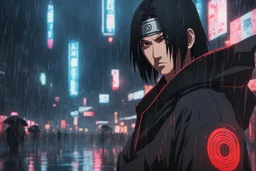 Itachi in 8k anime cgi artstyle, crow them, neon effect, close picture, rain, apocalypse, intricate details, highly detailed, high details, detailed portrait, masterpiece,ultra detailed, ultra quality