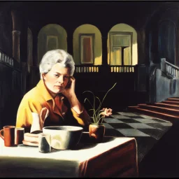 oil painting, woman seating down, dark,