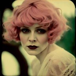 Clara bow, merry go round., in the wind, white lace dress, pink hair,autochrome, close up