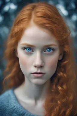 a beautiful high definition portrait of a ginger girl with blue icy eyes looking sad