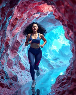 make a video pretty crystal cave covered with jwelary and 3d recursive cubic and sphere base pearls and a beautiful fashion model lady with cute,curvy hair,makeup, in pretty sports suit is running inside cave ,dynamic camera fallow her inside cave capturing full body, dynamic lights.