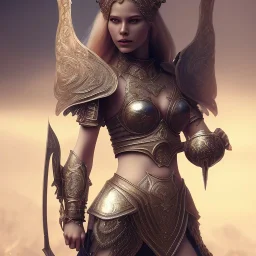 badass female goddess of war, very beautiful figure,tilt shift blur, wearing detailed,armor,object shadow,extraordinary, sharp focus,macro lens,intricate filigree metal design, full body portrait, cinematic, unreal engine 5, 8k, hyper realistic. Volumetric lighting, unreal engine 5 ,hyper elegant,hyperphotorealistic, epic composition,cinematic lighting, hyperphotomaximalist, masterpiece,epic composition, ,Glim lighting