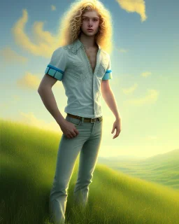 full length photograph of a beautiful boy with long, blonde curly hair and light blue eyes, smiling, standing on a green hill in summer, highly detailed, digital painting, smooth, realistic, HDR