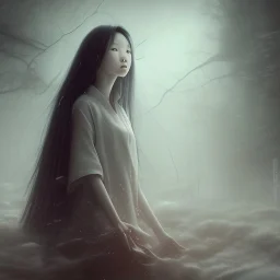 Sadako Yamamura (Ringu, 1998) ; screenshot, Dark Foggy Georgeous Horror Dark Fantasy Art by James Bousema, digital illustration, evil,wild, cold stare ,photo-realistic, 32K,dynamic colors,high details,high definition,crystal clear image,aspect ratio 33:1,DIGITAL ILLUSTRATION by James Bousema Modifiers: Nikon D850 elegant Award winning photography fantasy photorealistic very attractive