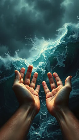 Bosch painting style nightmare , 3D , a fest hands out of a storm in the ocean waves Quality picture , 8k