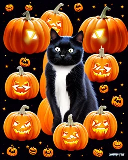 black cat on Halloween dancing with pumpkins in the photo of the starry sky