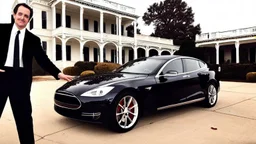 A Tesla's 'Model S Plaid' is doing donuts, at the mansion of the 'Gone with the Wind' film. CINEMATIC. WIDE ANGLE LENS. PHOTO REAL.