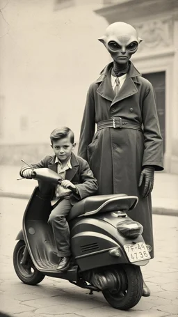 An old picture style of black and white mono very bad quality looks very old camera picture with cracks of a boy on scooter dressed like student standing beside an Alien creature that is dressed like a man , year 1900