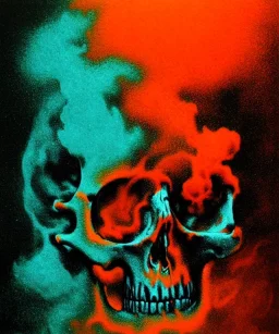 broken realistic skull. black background. smoke and explode. particles in air. teal and orange. abstract. beksinski.