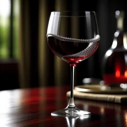 Design an intriguing scene where a wine glass is elegantly bending, as if it's made of a flexible material, while red wine flows gracefully from it, ultimately pouring onto the ground. The wine should form an artistic and captivating pattern as it cascades downward. Ensure that the visual captures the unique and captivating moment of the flexible glass and the flowing wine, making it a focal point of the scene