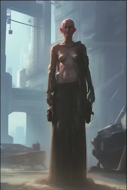 cyberpunk saggy granny woman, abandoned sci-fi town, future, sci-fi