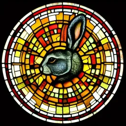 round coaster of rabbit with stained glass window effect, highly detailed, intricate, warm colors, stained glass window, glossy from rain, warm lighting, dramatic lighting