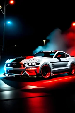 white modern mustang with red stripe down the center of with lots of smoke at night with red underglow