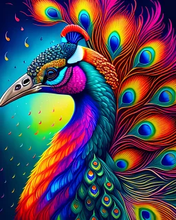 colorful peacock splash art, digital artwork, Visually stunning and awe-inspiring, black background, hdr, 16k, maximalist, vivid colors,