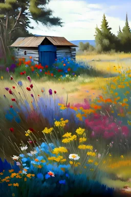 waterco;or painting of a landscape of several kinds of colorful wildflowers, small shed in the distance, ultrasharp, realistic colors