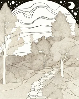 Autumn colors, peaceful, Egon Schiele, Max Ernst, night sky filled with galaxies and stars, rocks, trees, flowers, one-line drawing, sharp focus, 8k, deep 3d field, intricate, ornate, one million strokes