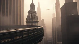 A dramatic, high-angle, black and white cinematic shot of a vintage elevated train, blurred with motion, curving around an ornate, historical skyscraper in a foggy, sepia-toned cityscape. The architecture is detailed and imposing, with many windows and decorative elements. In the distance, other skyscrapers rise through the mist, and a blimp is visible in the sky, evoking a sense of early 20th-century urban grandeur and a touch of retro-futurism. The lighting is moody and atmospheric, with a str