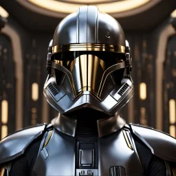 star wars bald male corellian pilot wearing pearlescent black and gunmetal grey First Order special forces heavy assault armor and helmet with gold trim inside the jedi temple, centered portrait, hyperdetailed, dynamic lighting, hyperdetailed background, 8k resolution, volumetric lighting, light skin, fully symmetric details