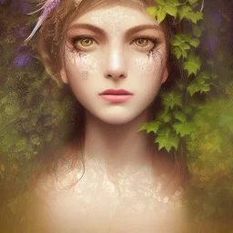 Portrait of beautiful girl, face dept of field,face shining, plant, metal, feathers,central weight average, CWA Dryad, fae, sidhe, ominous, nature, plants, wildflower sparkle,wildflower 3d view, facepaint, dnd character portrait, intricate, oil on canvas, masterpiece, expert, insanely detailed, 4k resolution, retroanime style, cute big circular reflective eyes, cinematic smooth, intricate detail , soft smooth lighting, soft pastel colors, painted Renaissance style,sharp fucus, bokeh,macro lens,