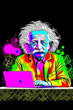 albert einstein in with laptop vivid colors