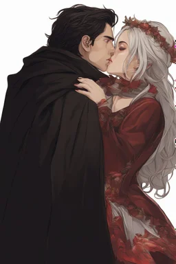 Couple from dnd passionate kissing, woman with white hair wearing a dress, man with long black hair tunic and red cloak.