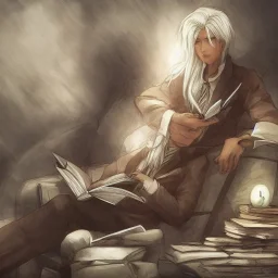 half body shot of calm elf with white hair in brown suit reading a legendary book, fantasy character, somber, gloomy lighting, epic perspective, trending on artstation